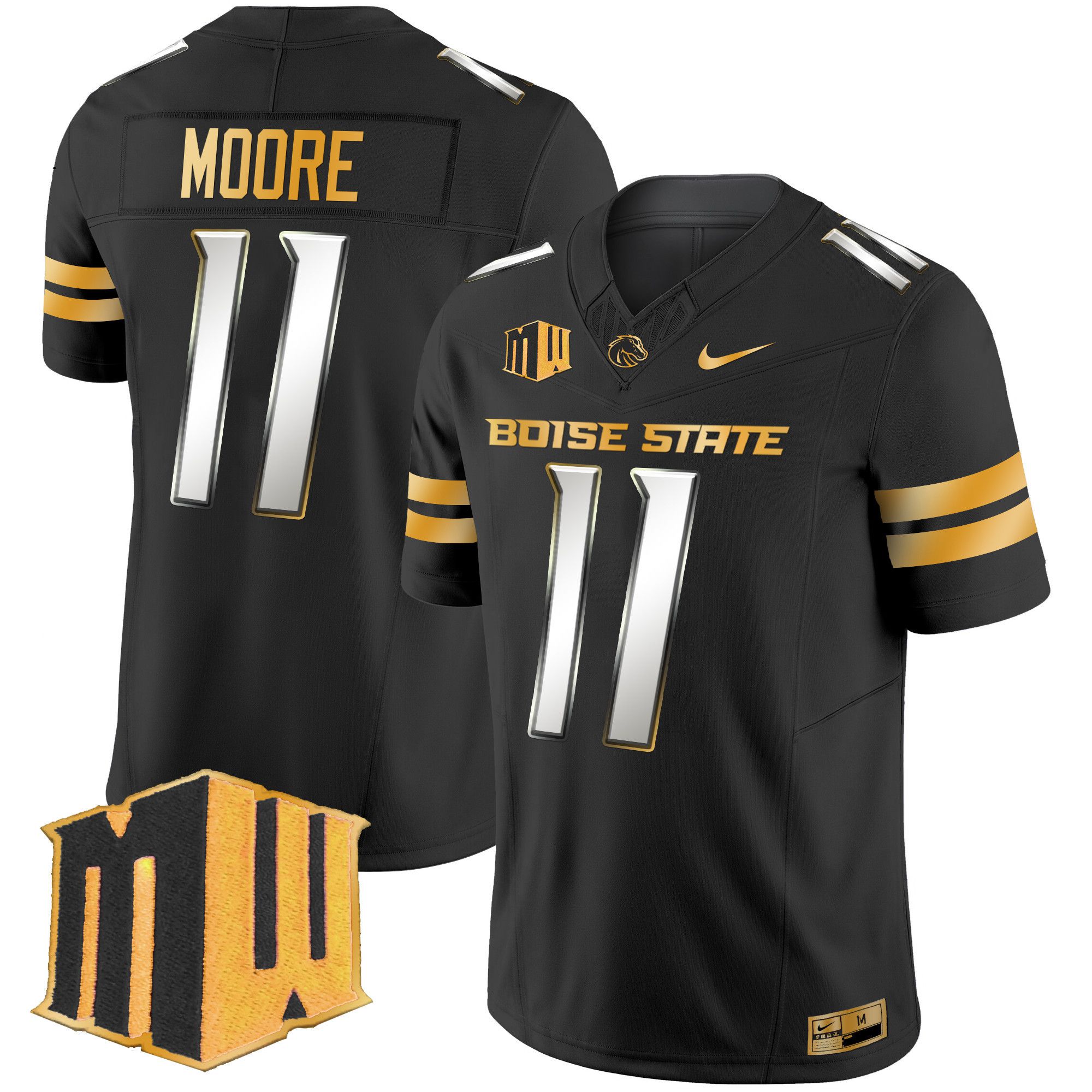 Men Boise State Broncos 11 Moore Black Nike 2024 Gold Vapor Limited NCAA Jersey